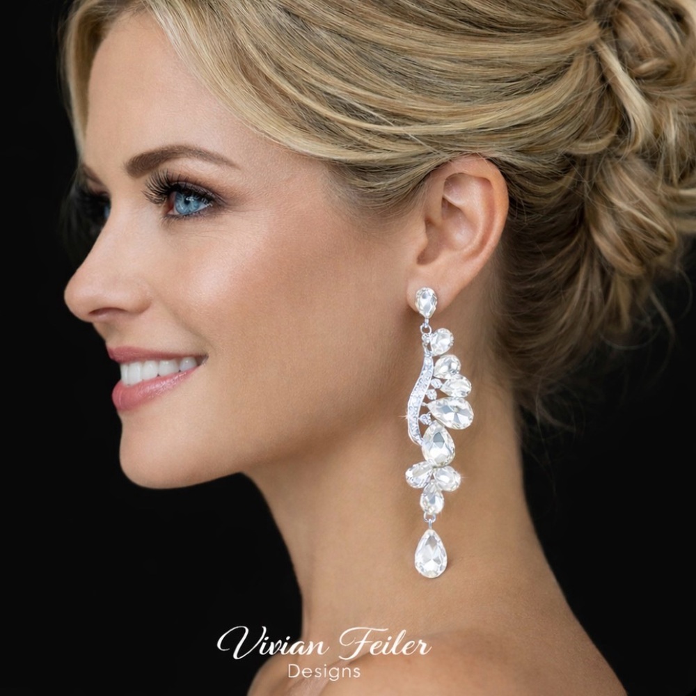 Crystal Earrings Long Wedding Bridal Pageant Jewlery